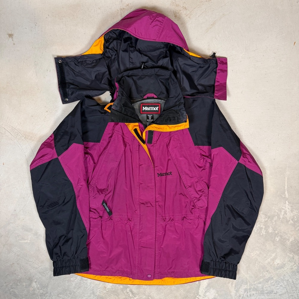 Marmot Vintage Women Medium Pink Black Yellow Hooded Mountain Parka Jacket